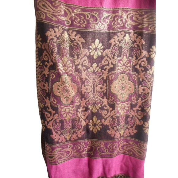 Fuchsia Brown Gold Ornate Paisley rectangle woven scarf w/ knotted fringe - Picture 2 of 3